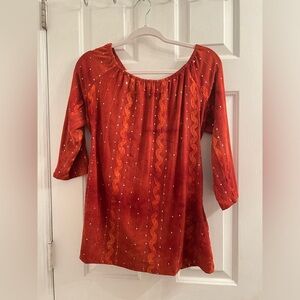 Size medium burnt orange red vibrant sequin soft stretchy long sleeve blouse